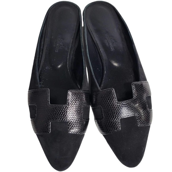 Hermes Shoes - Hermes Roxane Mules Black Suede Embossed Leather Pointy Flats Loafers Size 37 7